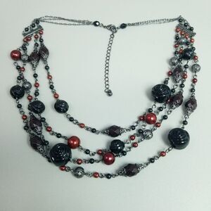 Vintage Avon Black and Red Necklace Multi Layered Beaded Plastic Rose Beads